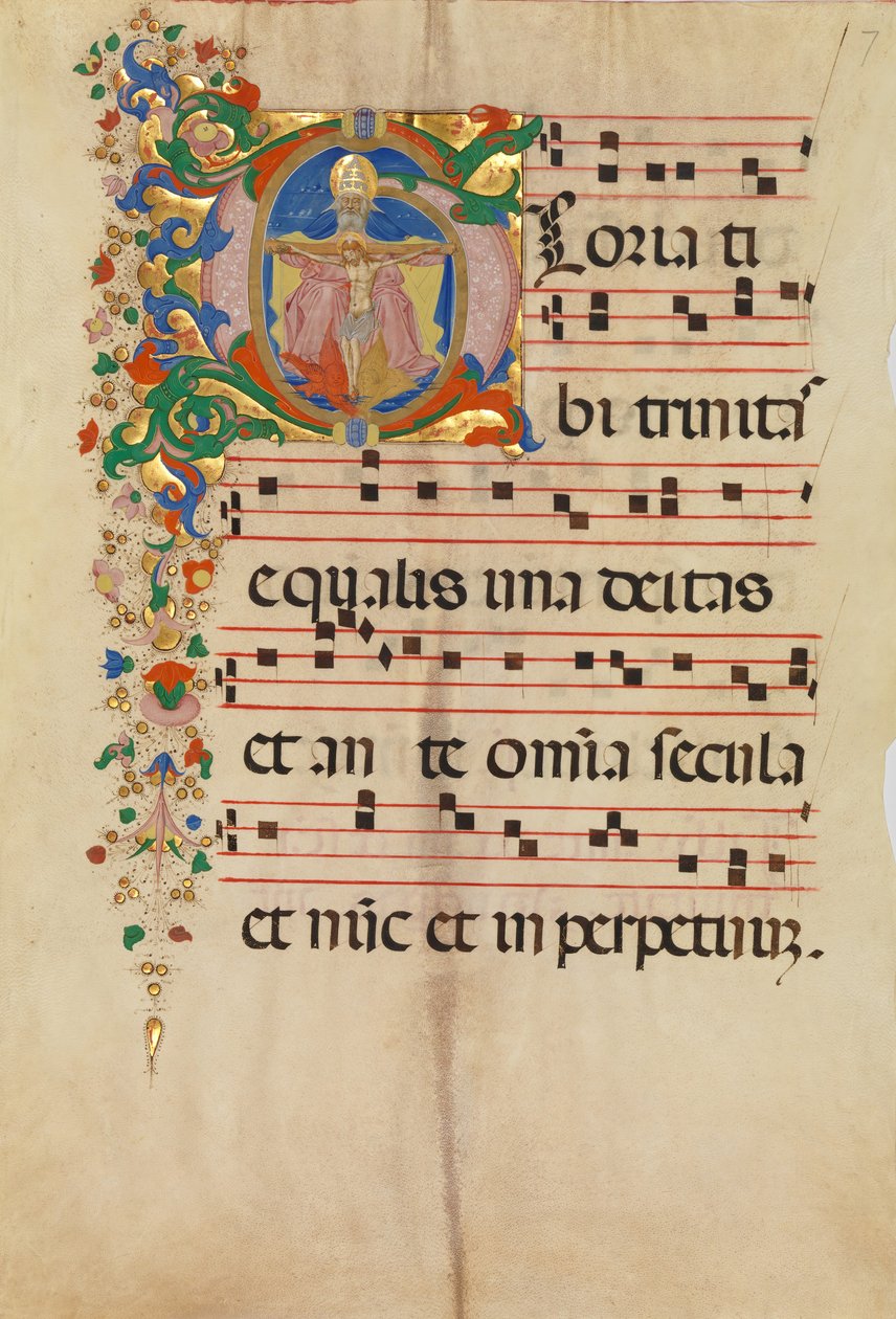 Feuille de manuscrit avec la Trinité dans une initiale G, d