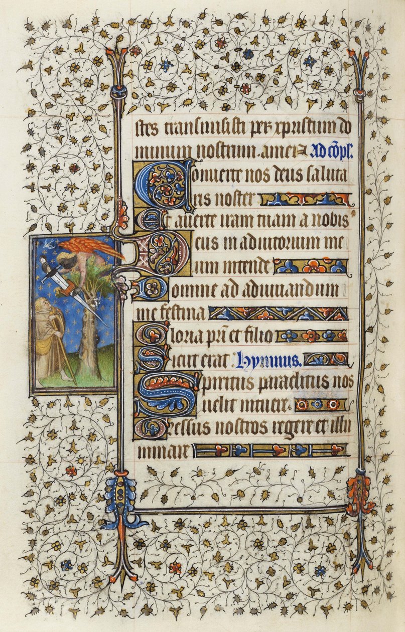 Ms 62 f.132v Figure ailée dans un arbre avec un livre transpercé par une épée, des 