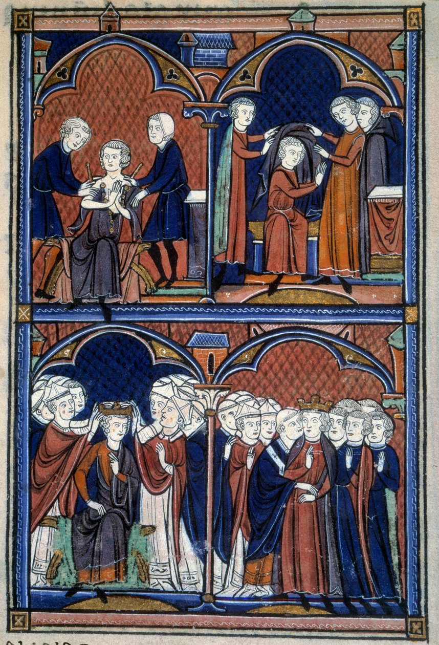 Ordre de la consécration et du couronnement des rois de France: Le roi de la tunique, le manteau et la couronne sur laquelle tous les pairs posent leurs mains; l