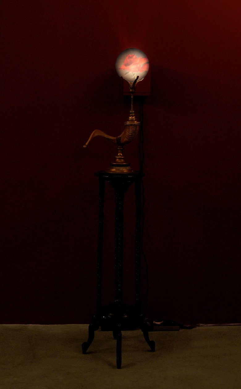 Horn Blower, 2002 (verre, eau, laiton, corne de bélier, bois, projecteur vidéo et lecteur) - Mat Collishaw