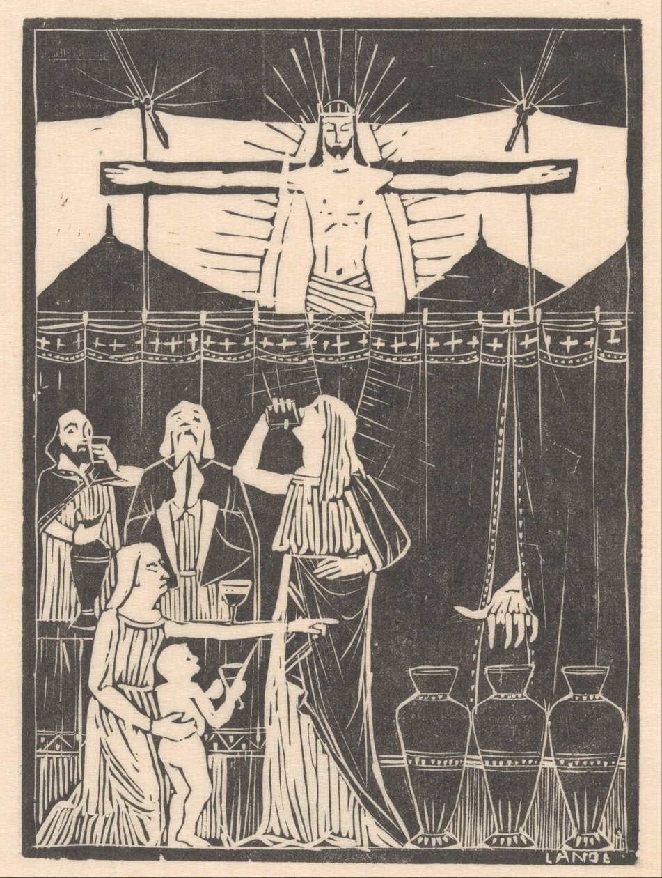Personnes buvant près du Christ crucifié - Mathieu Lauweriks