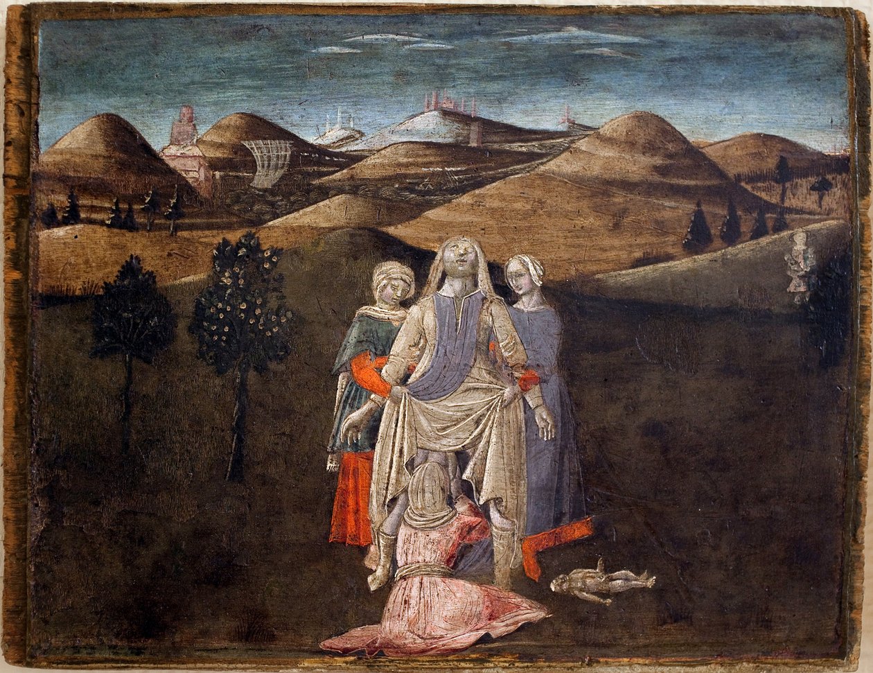 Légende de Romulus et Remus : la naissance de Rhéa Silvia. Peinture par Matteo di Giovanni (1430-1495), détrempe sur bois, 27,9 x 35,7 cm. Art italien du XVe siècle. Musée des Beaux-Arts de Libourne - Matteo di Giovanni di Bartolo