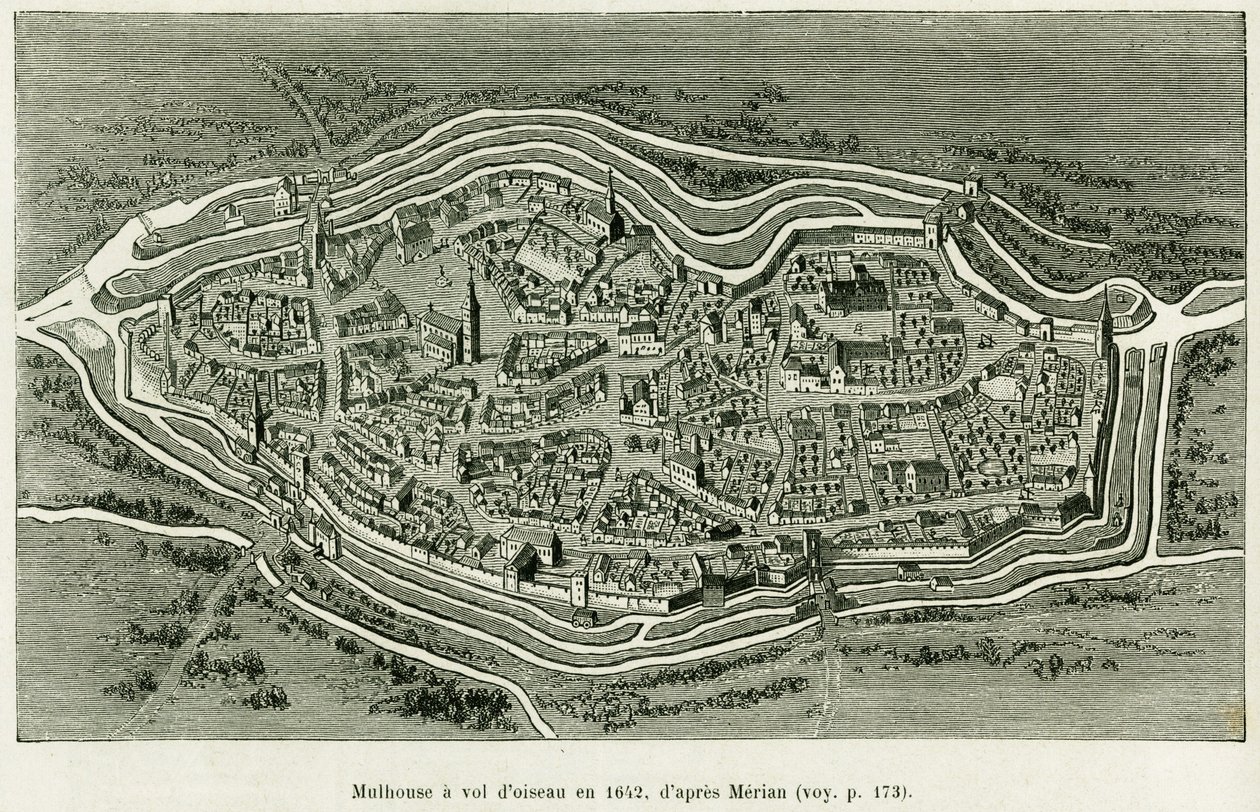 Mulhouse en 1642. Gravure de Matthaus Merian (1593-1650) pour illustrer le récit À travers l