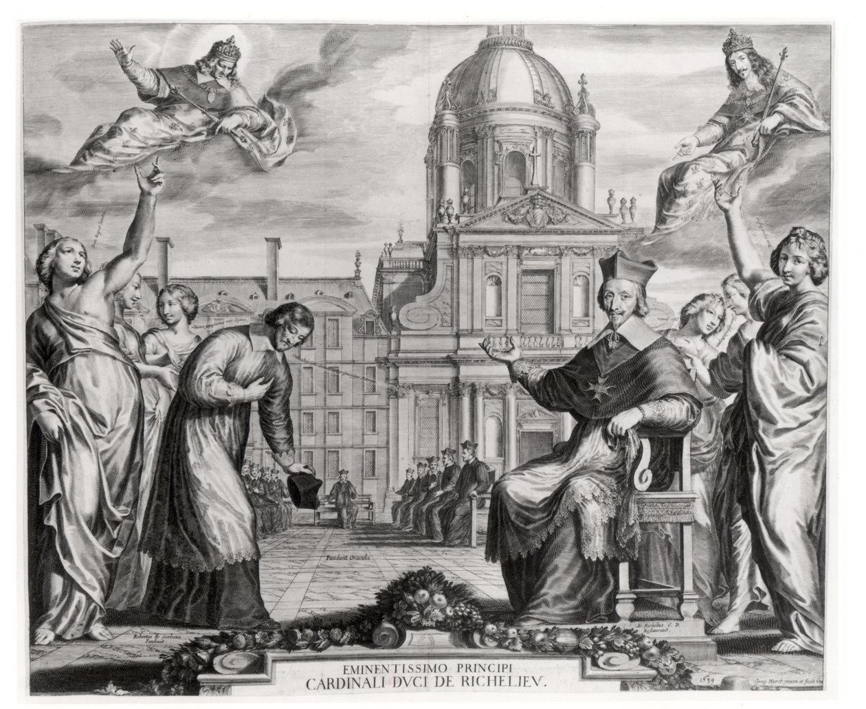 Robert de Sorbon (1201-94) et le cardinal Richelieu (1575-1642) devant la Sorbonne, gravé par Grégoire Huret (1606-70) 1639 - Matthaus the Elder Merian