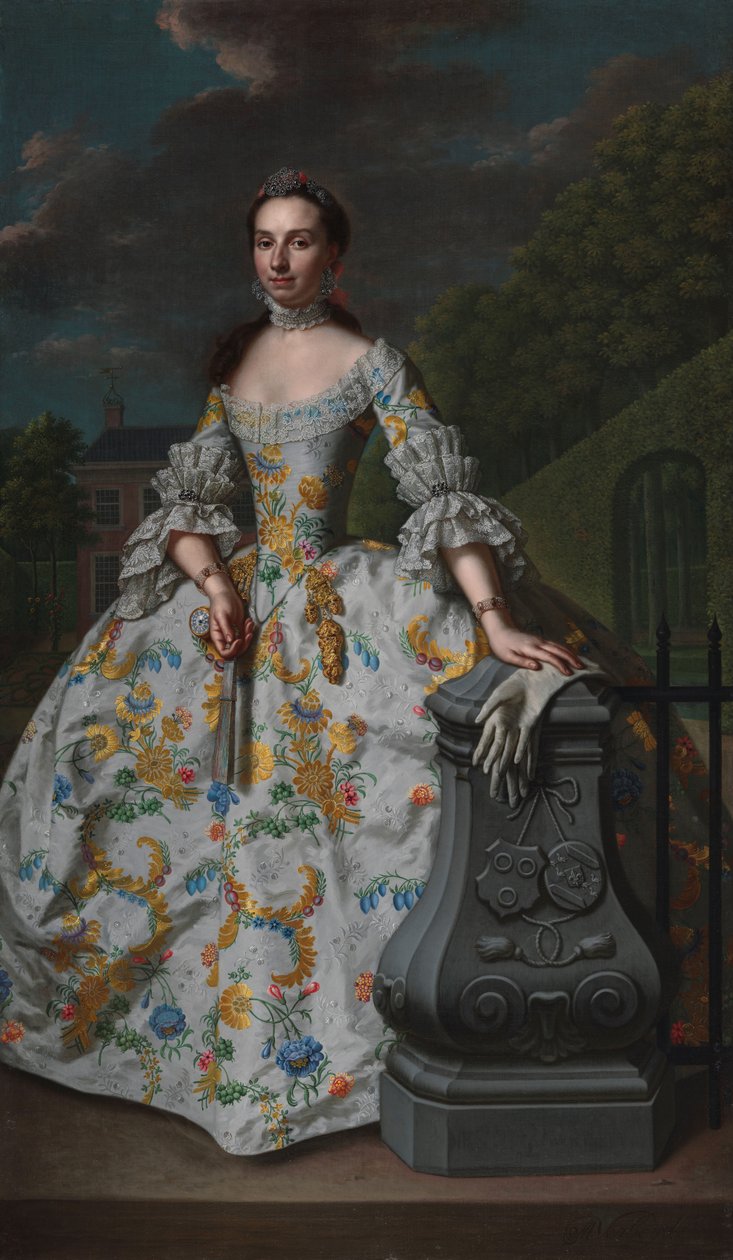 Portrait de Charlotte Beatrix Strick van Linschoten (née en 1732), deuxième épouse de Gerard Cornelis van Riebeeck, probablement devant sa maison de campagne Eemwijck à Voorburg - Mattheus Verheyden