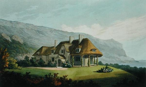 Villa balnéaire en chaume pour James Vine Esq., à Puckaster, Île de Wight, de Villa Architecture: une collection de vues, avec plans, de bâtiments exécutés en Angleterre et en Écosse, par Robert Lugar - Matthew Dubourg