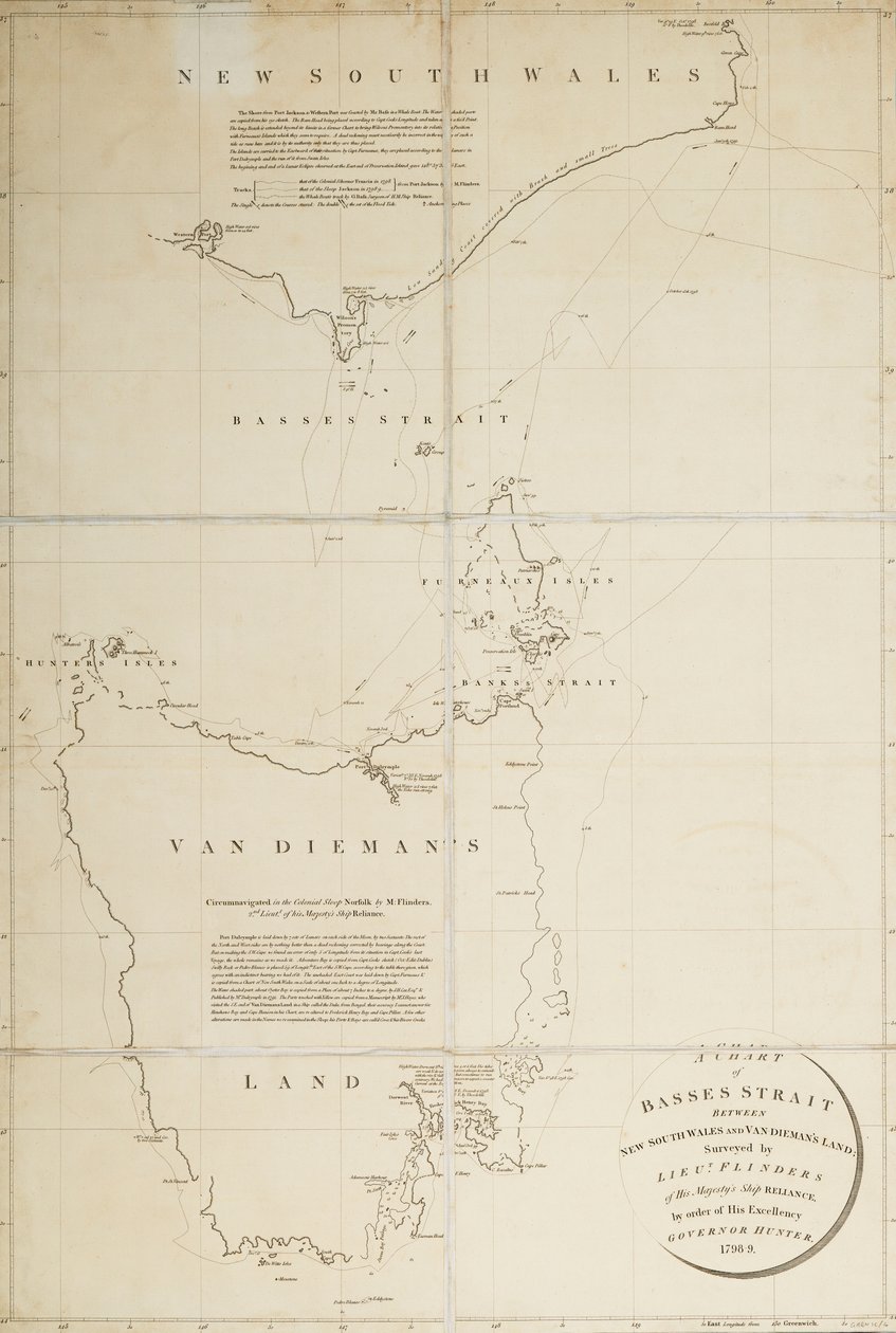 Carte du détroit de Bass entre la Nouvelle-Galles du Sud et la Terre de Van Diemen, relevée par le lieutenant Flinders du HMS 