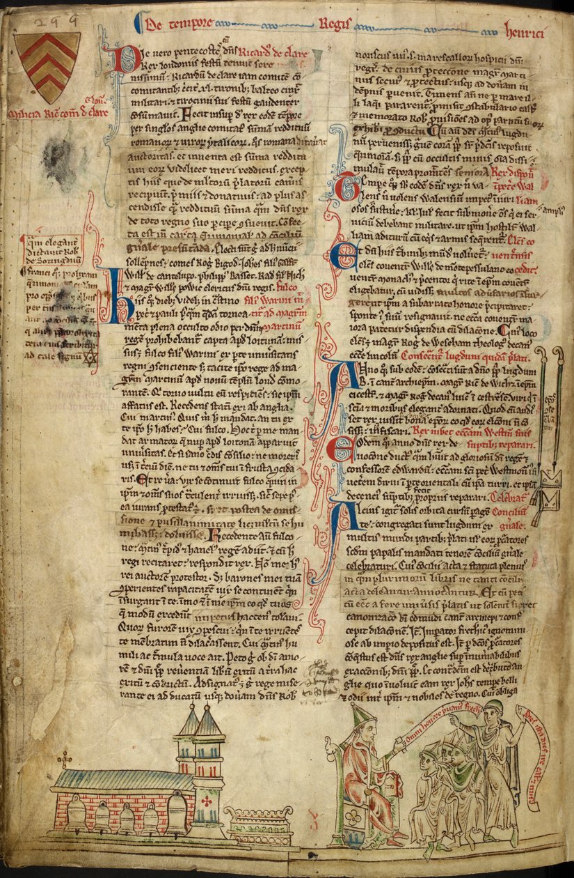 Royal 14C VII, f.138v Abbaye de Westminster et le sanctuaire de Saint-Édouard; à droite, le pape Innocent IV au concile de Lyon, illustration de 