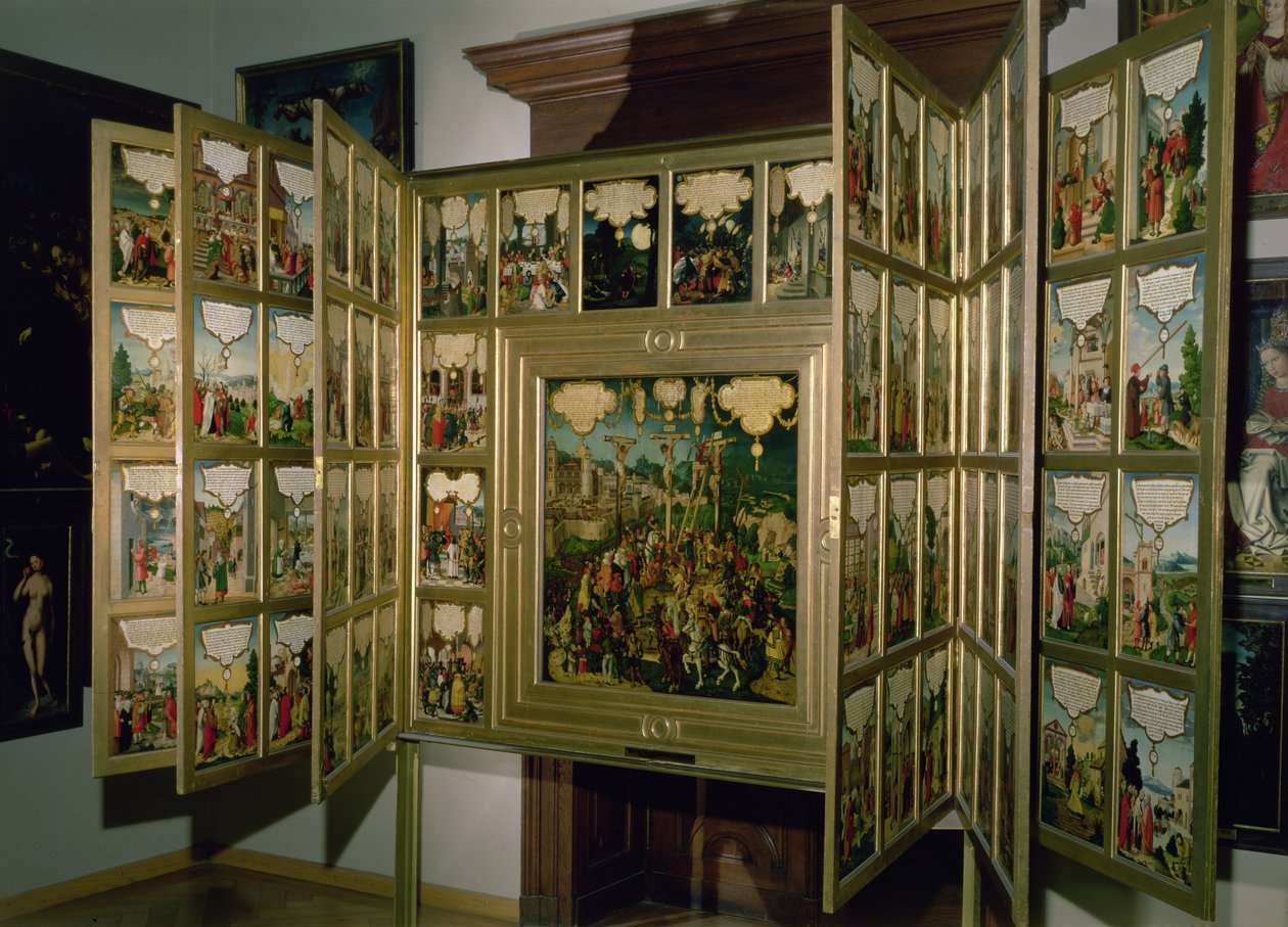 Retable de Mompelgart, avec panneau central et six panneaux latéraux articulés, tous représentant des scènes du Nouveau Testament - Matthias Gerung or Gerou