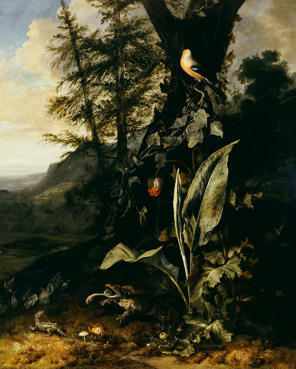 Un sol forestier avec un crapaud et un lézard, un bouvreuil sur une branche de lierre au-dessus, et une montagne au-delà - Matthias Withoos
