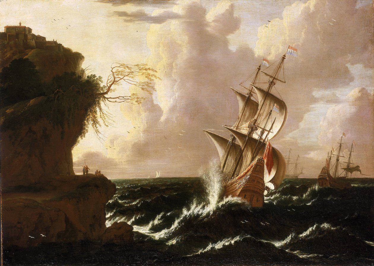 Un navire néerlandais dans la tempête, devant une falaise, surmontée de bâtiments fortifiés - Matthieu van (c.1608-60) Plattenberg
