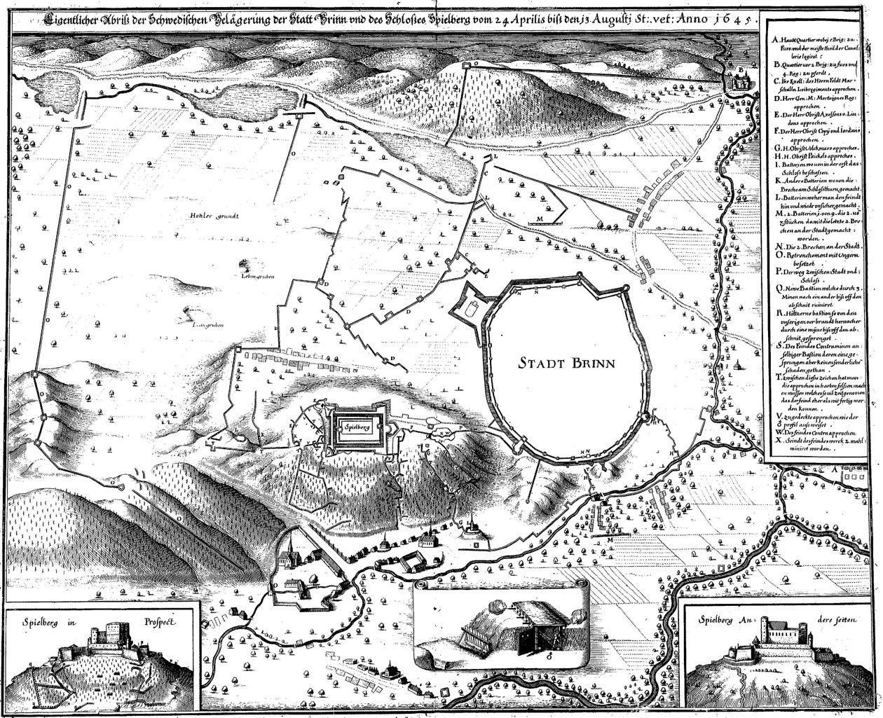 Plan de la ville de Brno en 1645, pendant le siège par les Suédois, par Merian - Matthaus Merian