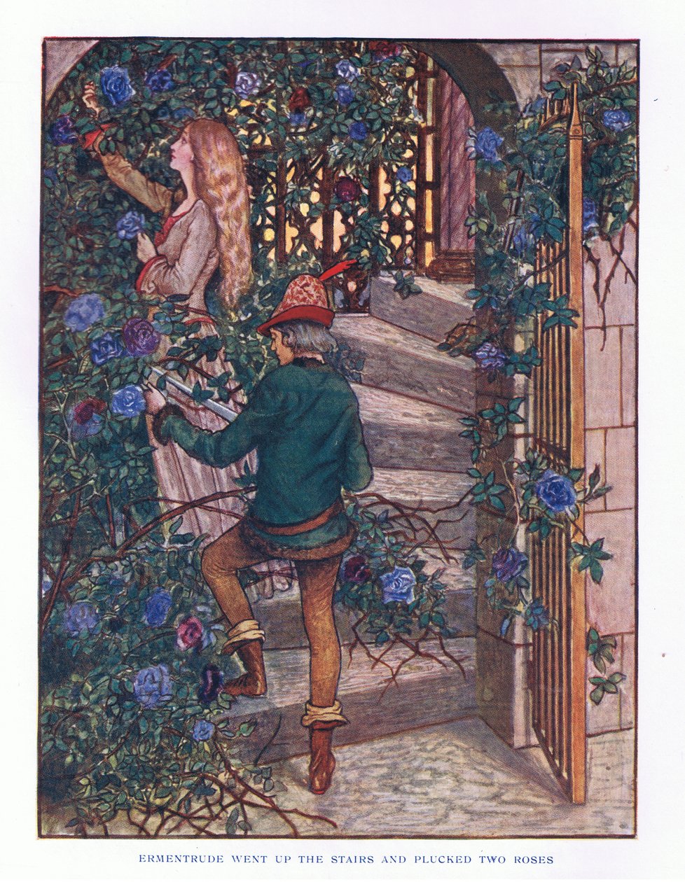 Ermentrude monta les escaliers et cueillit les roses, illustration de Contes de fées de Lady Ann, 1914 - Maud Tindal Atkinson