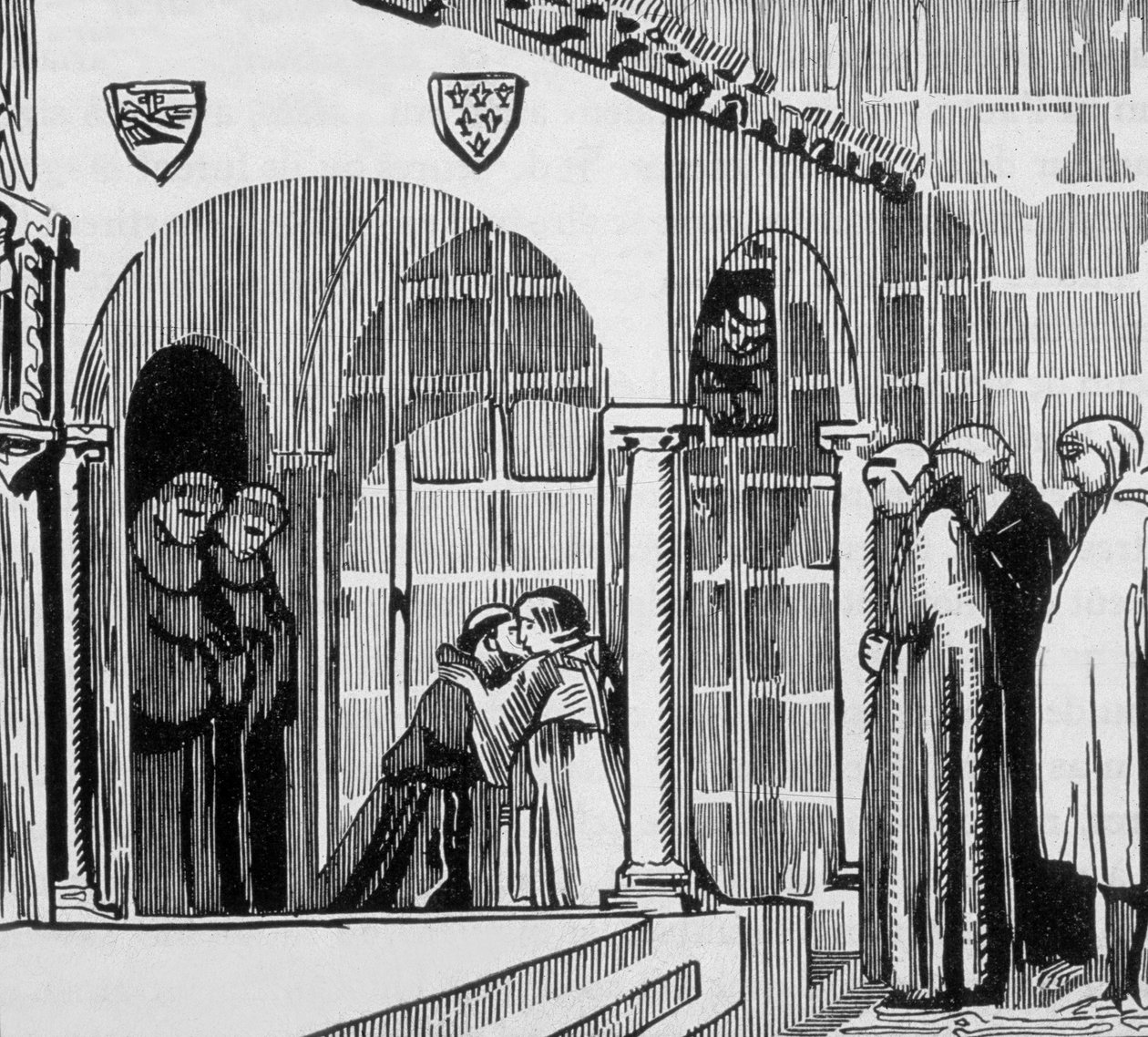 Le roi de France Saint Louis (Louis IX 1214-1270) en pèlerin visitant Saint Frère Gilles à Pérouse, gravé par Jacques Beltrand d
