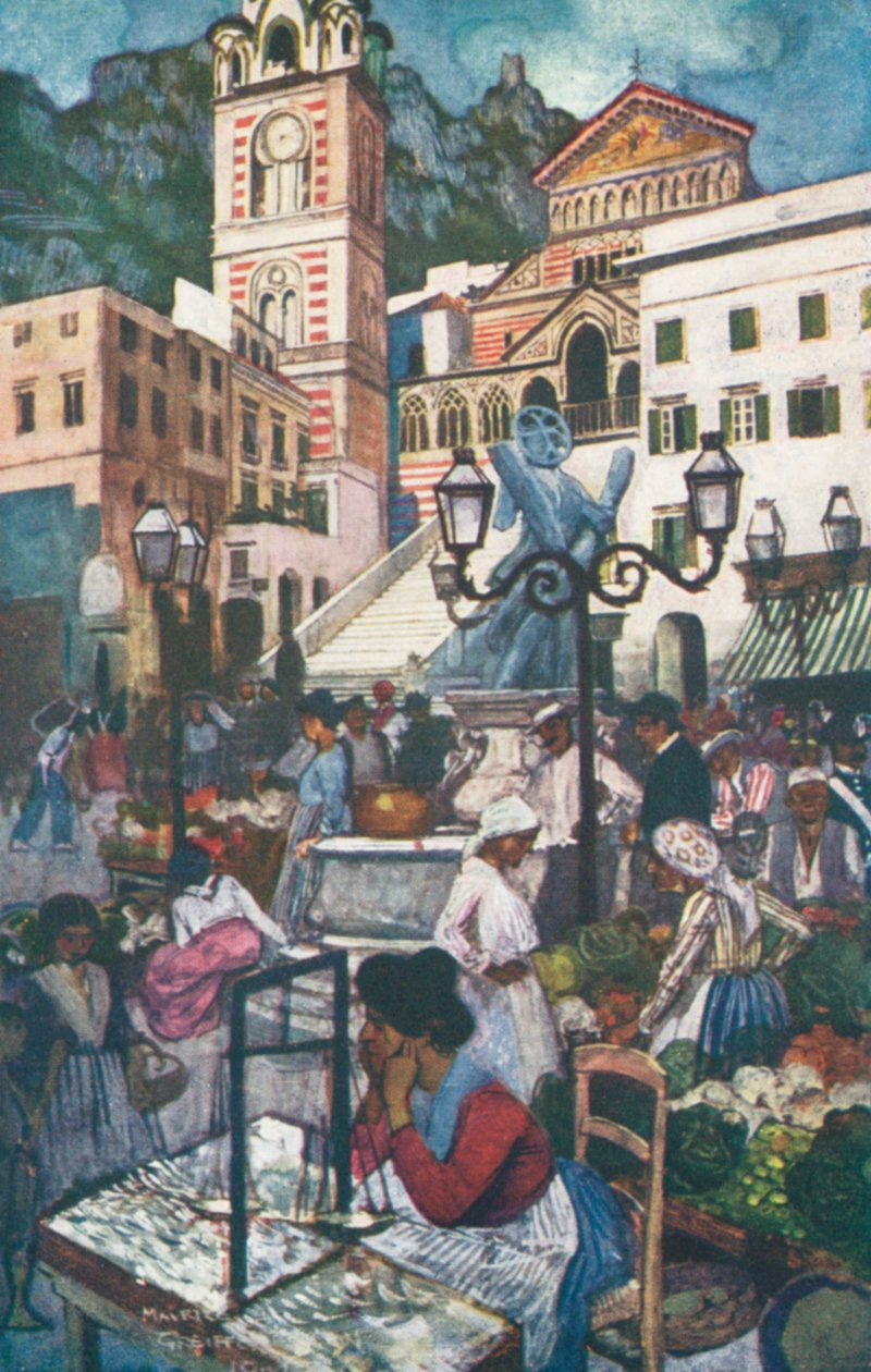 Amalfi, Piazza et Duomo (lithographie couleur) - Maurice (after) Greiffenhagen
