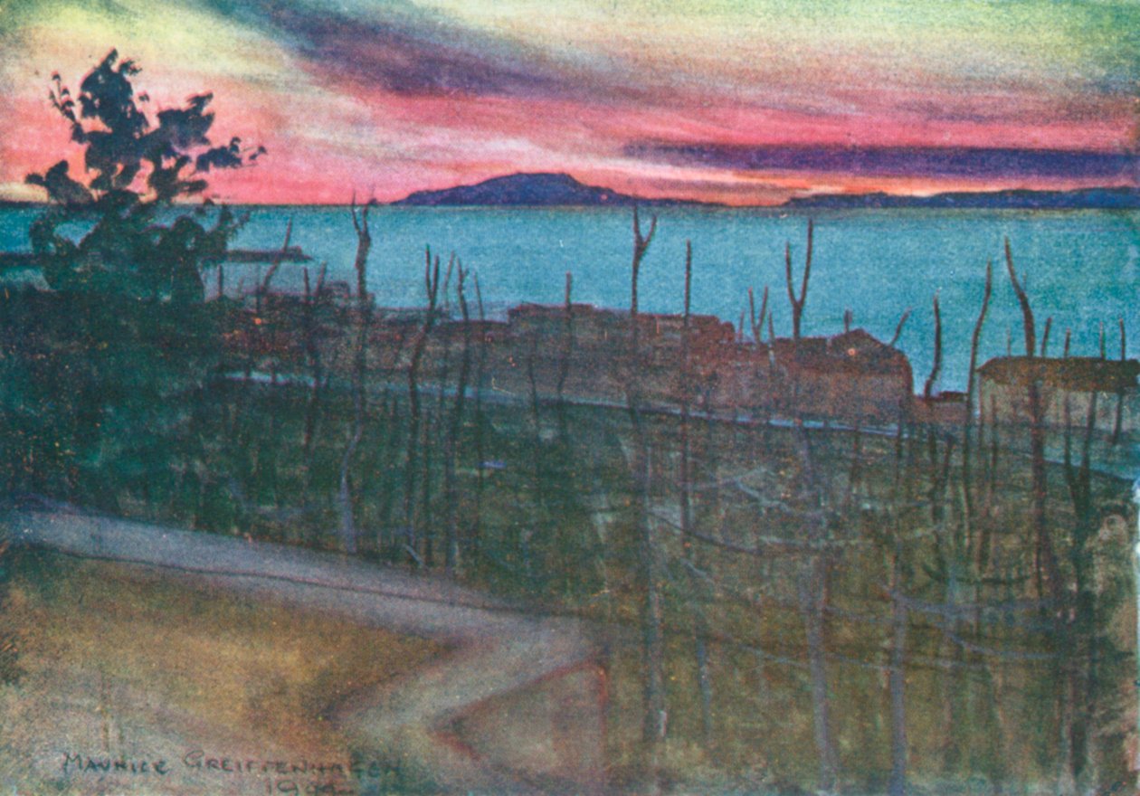 Ischia depuis Castellamare, coucher de soleil (lithographie couleur) - Maurice (after) Greiffenhagen
