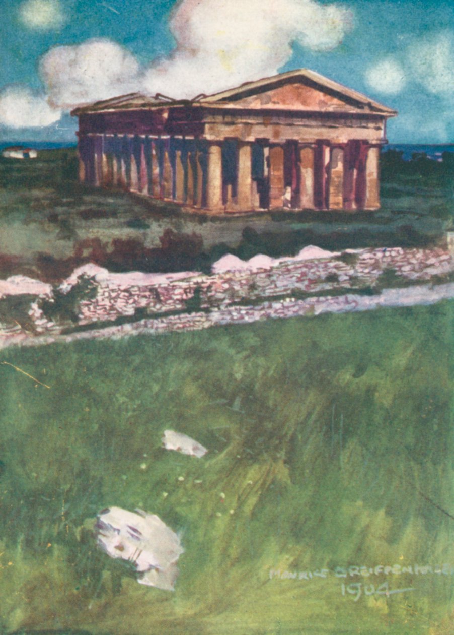 Le temple de Neptune, Paestum (lithographie couleur) - Maurice (after) Greiffenhagen