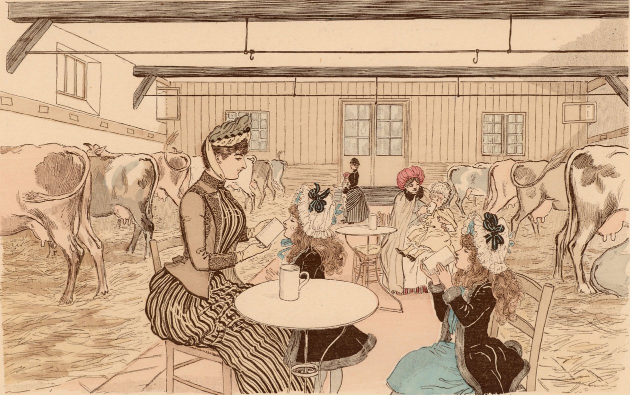 Mères emmenant leurs enfants à la laiterie, Paris, France - Maurice Charles Mathieu (1849 1912) Bonvoisin