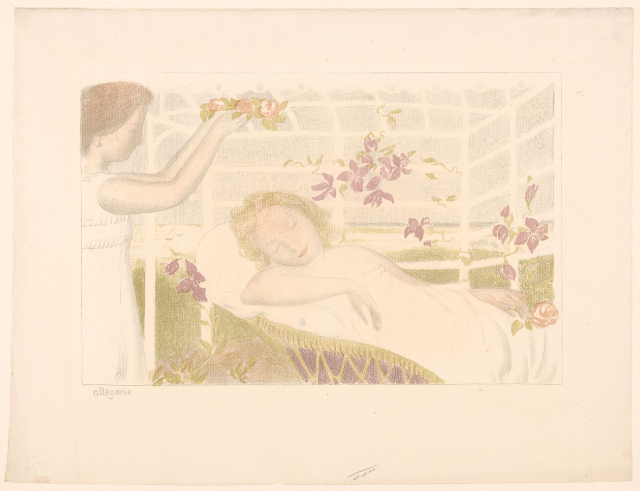 Fille endormie reçoit une couronne de fleurs (Allégorie) (Série: Représentations de l
