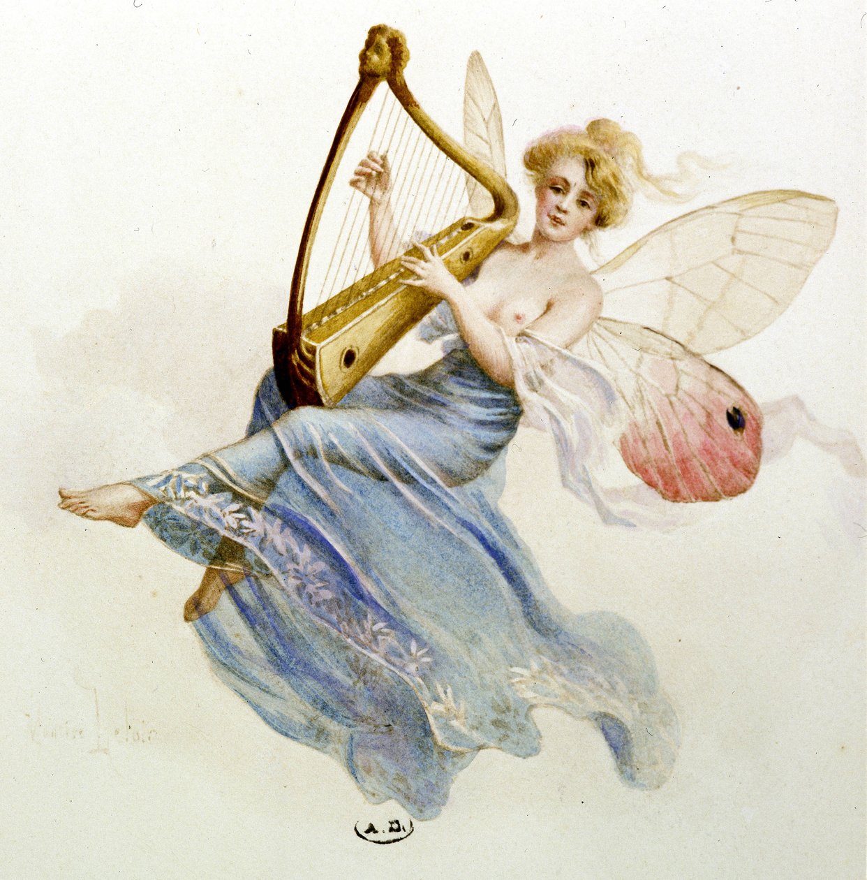 Musique : fée jouant de la harpe. Dans « La chanson du mois » par Jérôme Doucet - Maurice Leloir
