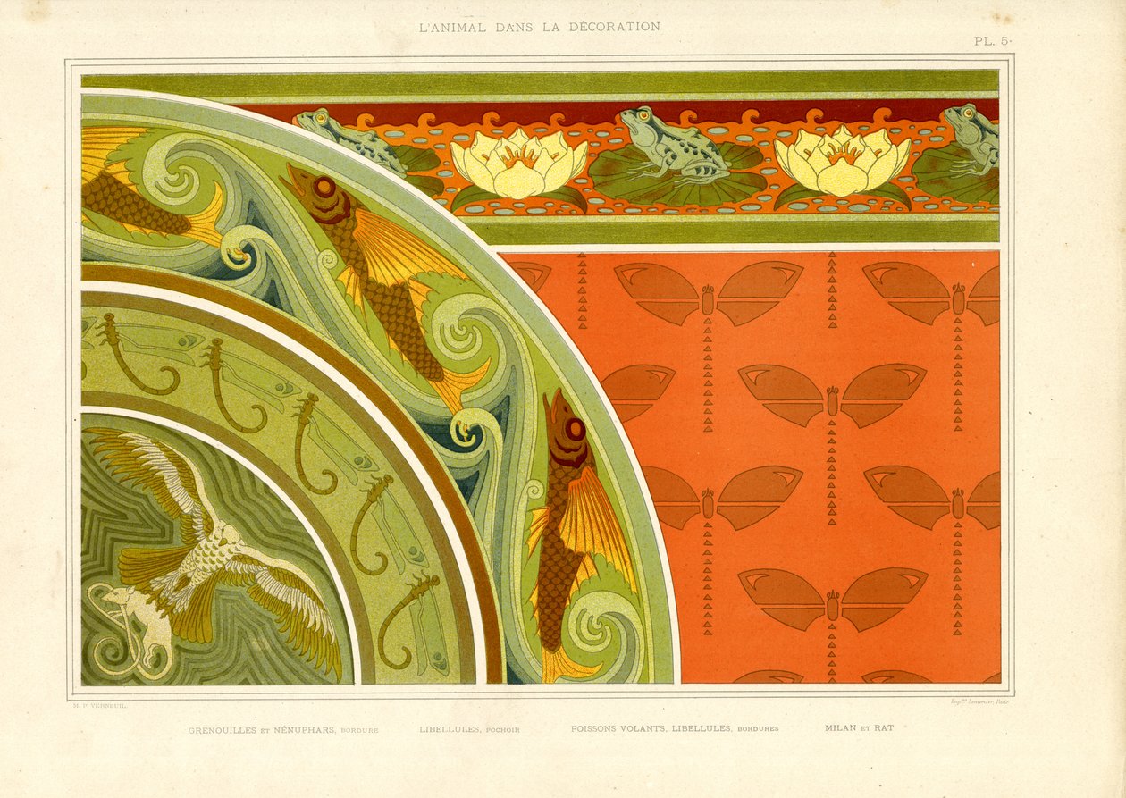 Ornementation aquatique avec libellules, grenouilles et papillons (litho) - Maurice Pillard Verneuil