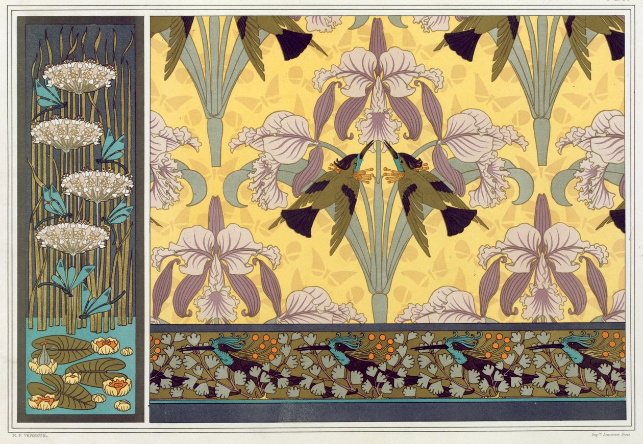 Design pour bordure de papier peint, tissu et panneau : Libellules, Nénuphars et Joncs fleuris, pub. - Maurice Pillard Verneuil