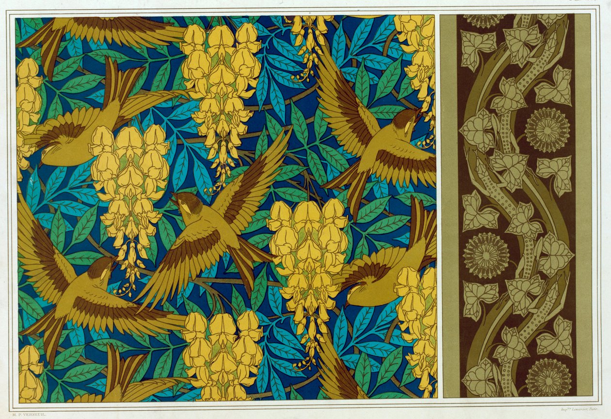 Dessins pour Oiseaux et Glycine Suspendue et bordure de papier peint avec Lézards et Lierre, pub. 1897 - Maurice Pillard Verneuil