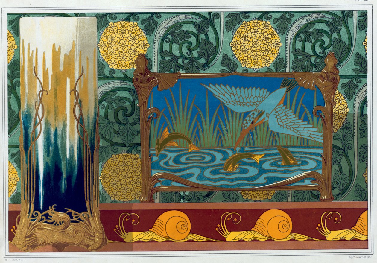 Dessins pour support de vase en bronze, papier peint et bordure, et jardinière en émail et bronze "Crevette", "Escargots", Lézards et Aubépine", "Martin-pêcheur et Poisson", de 