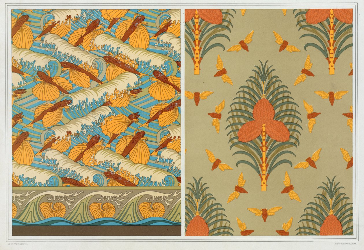 Designs pour papier peint Poissons volants et vagues, pub. 1897 - Maurice Pillard Verneuil