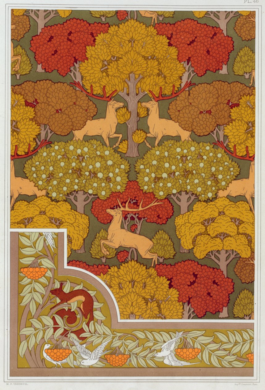Dessins pour papier peint et bordure de papier peint Cerfs dans les arbres, pub. 1897 - Maurice Pillard Verneuil