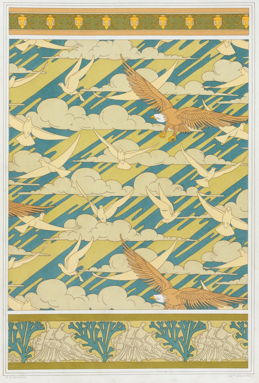 Conceptions pour bordure de papier peint "Punaise de courge", Papier peint avec aigles et pigeons; et bordure de papier peint avec coquillages et algues, de 