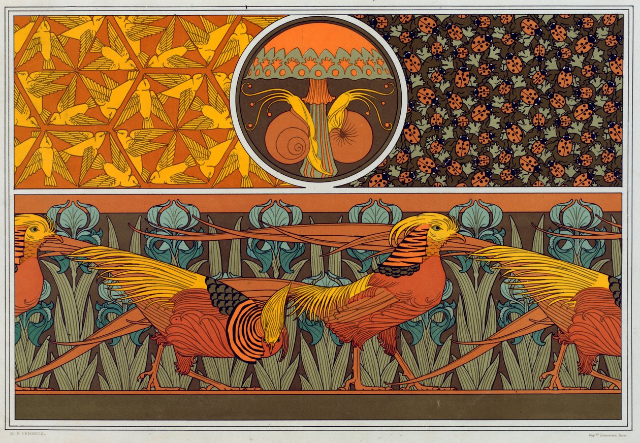Dessins pour bordure de papier peint et tissu : Oiseaux, coccinelles et fougère capillaire, pub. 1897 - Maurice Pillard Verneuil