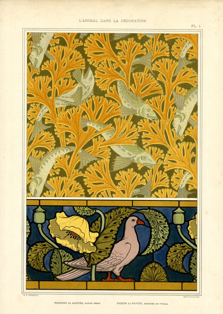 Motifs de poissons et de colombes dans la nature ornementale Condensation (litho) - Maurice Pillard Verneuil