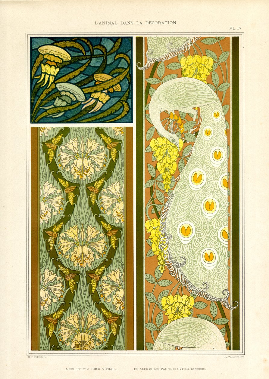 Compositions ornementales avec animaux marins, cigales et paon (litho) - Maurice Pillard Verneuil