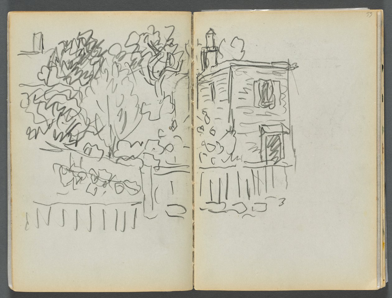 Sketchbook- The Granite Shore Hotel, Rockport, page 054  55 : Maison et jardin clôturé - Maurice Prendergast