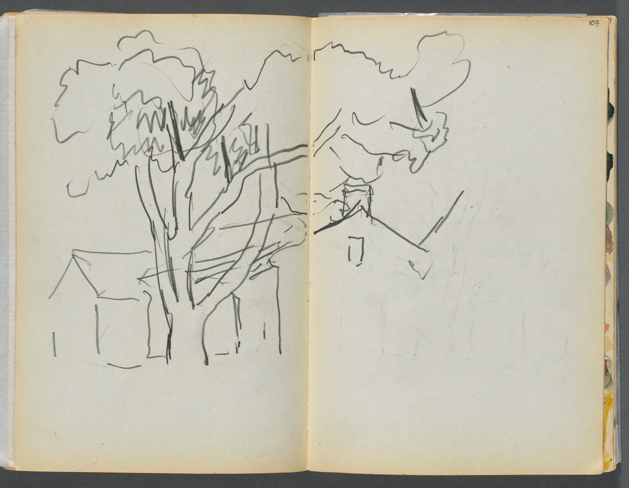 Sketchbook- The Granite Shore Hotel, Rockport, page 106  107 : Arbre avec maisons - Maurice Prendergast