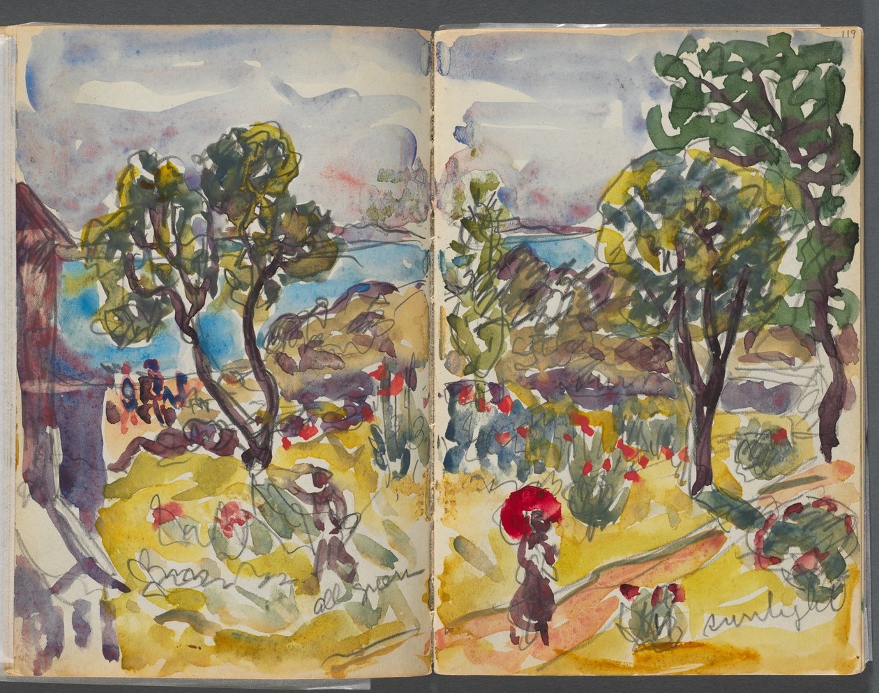 Carnet de croquis - The Granite Shore Hotel, Rockport, pages 118 et 119 : vue du jardin avec annotations - Maurice Prendergast