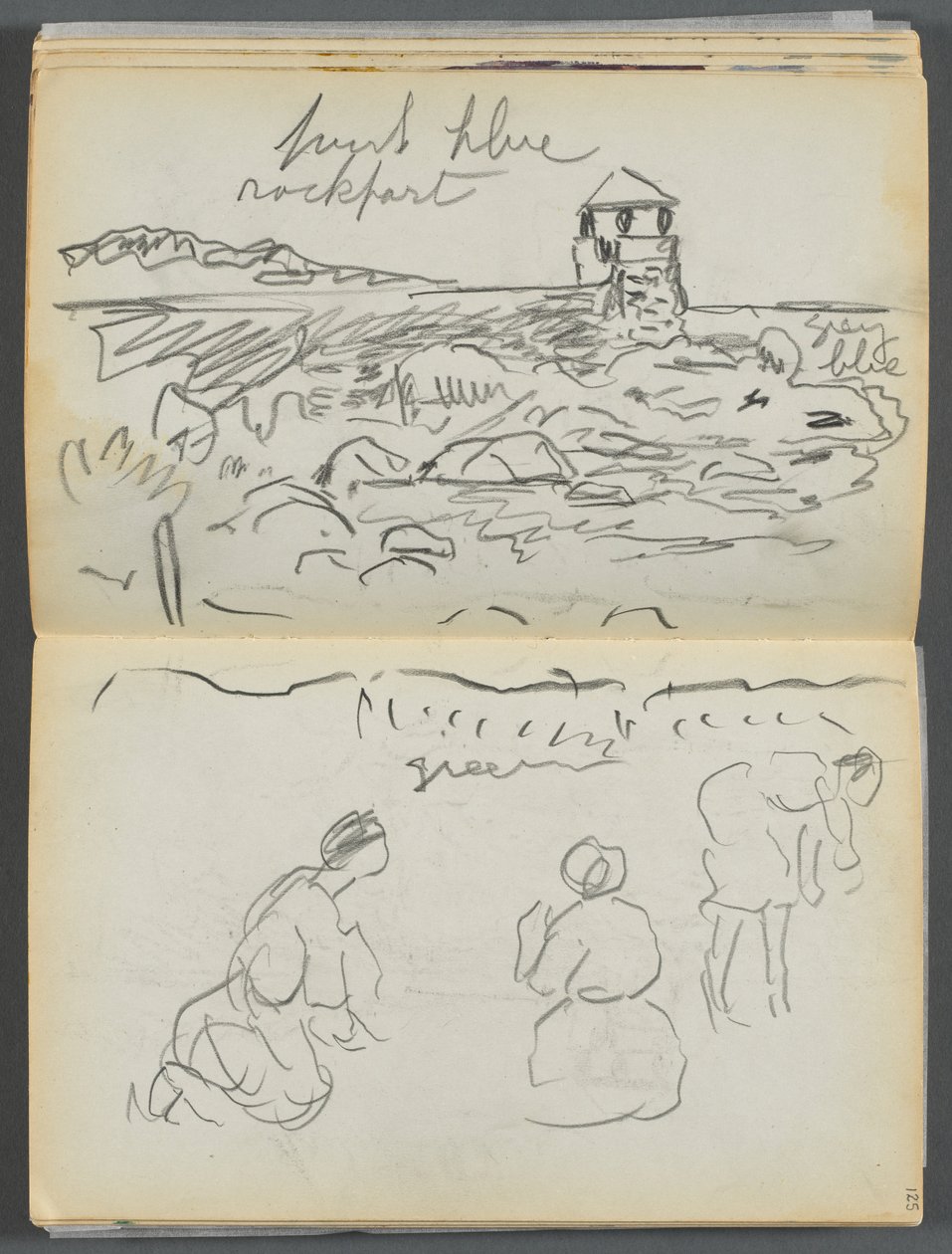 Sketchbook- The Granite Shore Hotel, Rockport, page 124  125 : Phare de Rockport et personnages sur le rivage - Maurice Prendergast