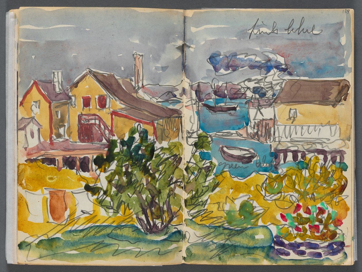 Sketchbook- The Granite Shore Hotel, Rockport, page 128  129 : Maisons sur le port - Maurice Prendergast