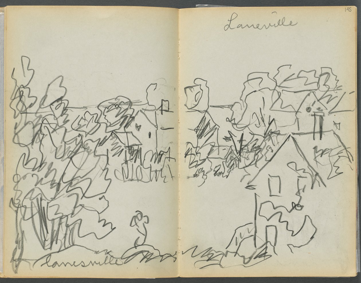 Sketchbook- The Granite Shore Hotel, Rockport, page 144  145 : "Lanesville". - Maurice Prendergast