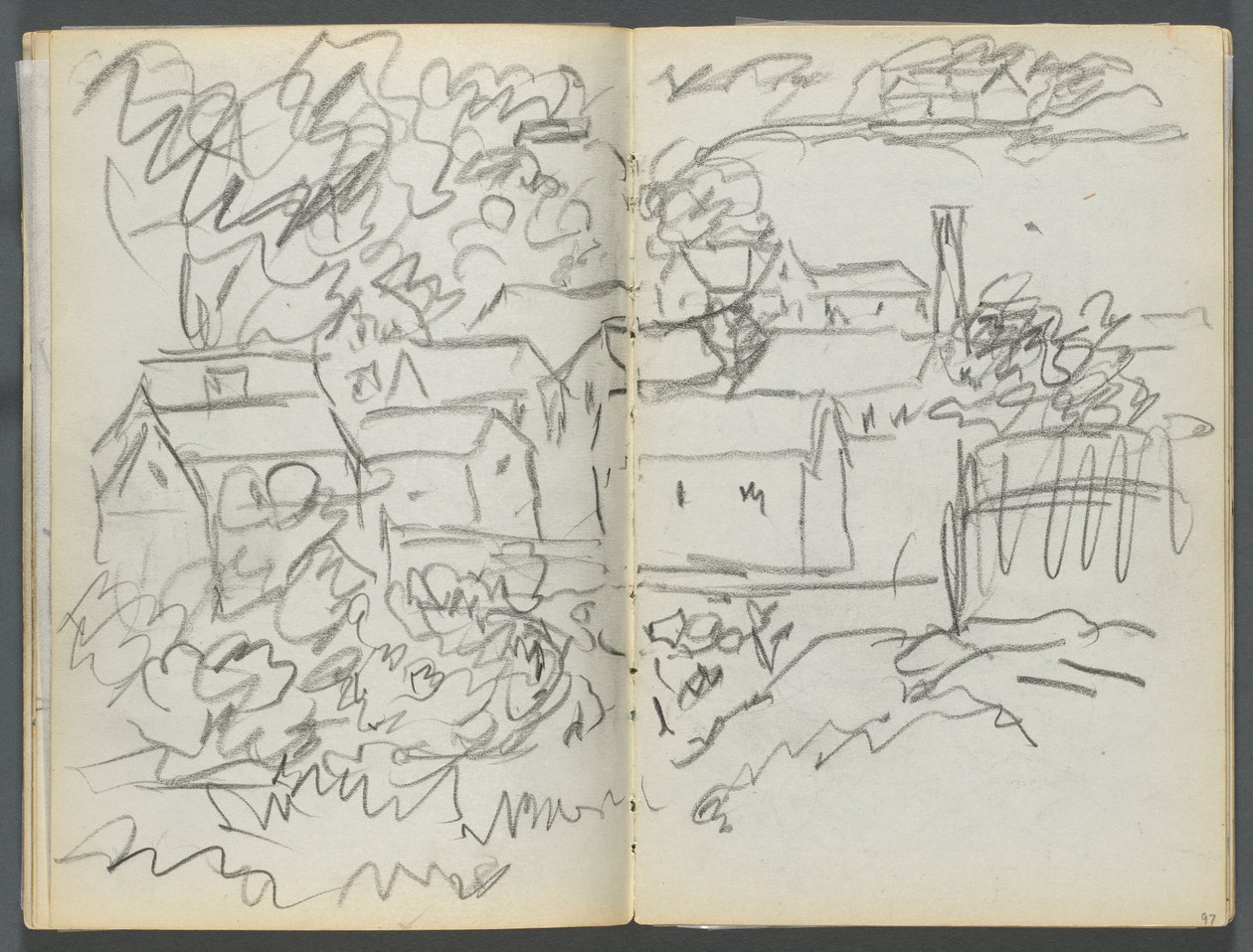 Sketchbook, The Dells, N° 127, page 096  97 : Paysage avec maisons - Maurice Prendergast