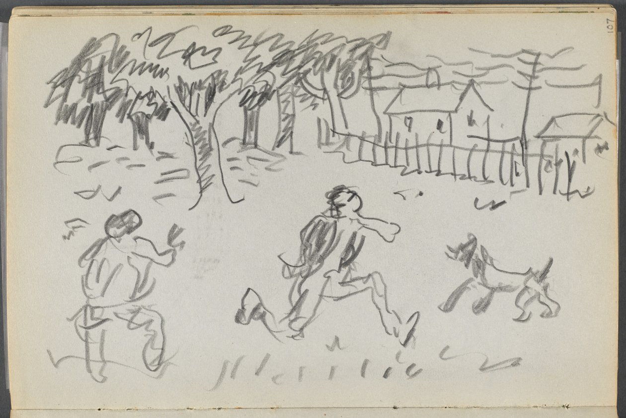 Carnet de croquis, The Dells, N° 127, page 107 : Paysage avec figures et chien - Maurice Prendergast