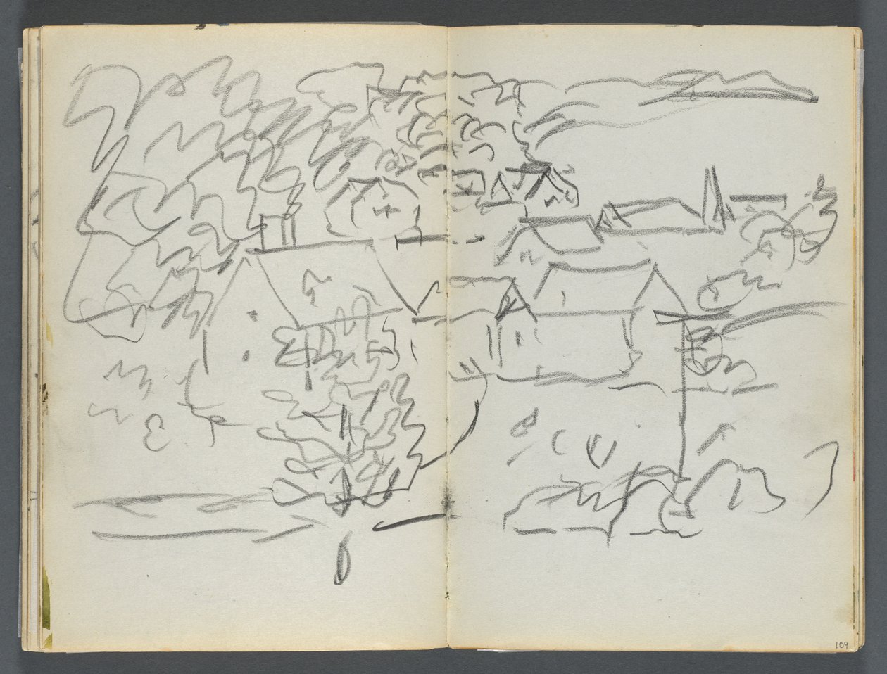 Sketchbook, The Dells, N° 127, page 108  109 : Paysage avec maisons - Maurice Prendergast