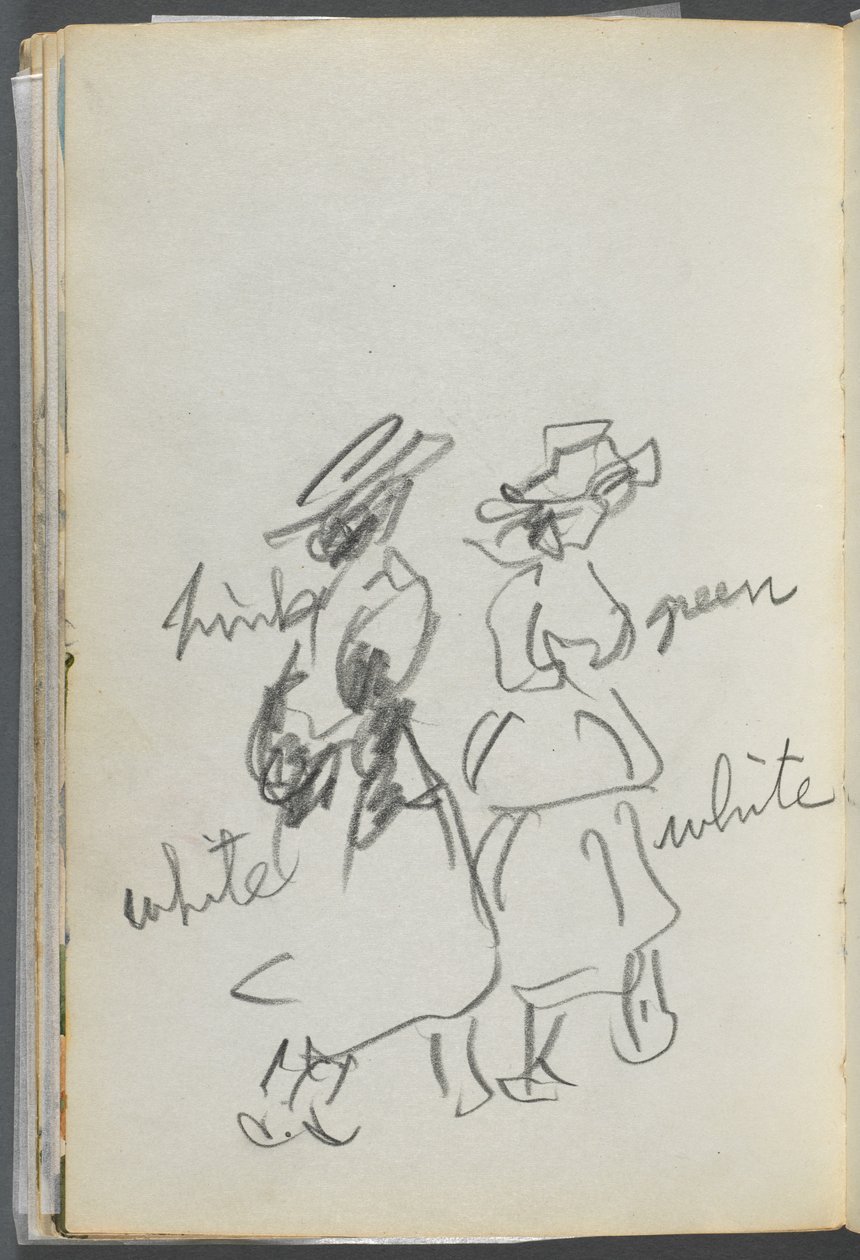 Sketchbook, The Dells, N° 127, page 144 : Deux personnages marchant avec des notations en couleur - Maurice Prendergast
