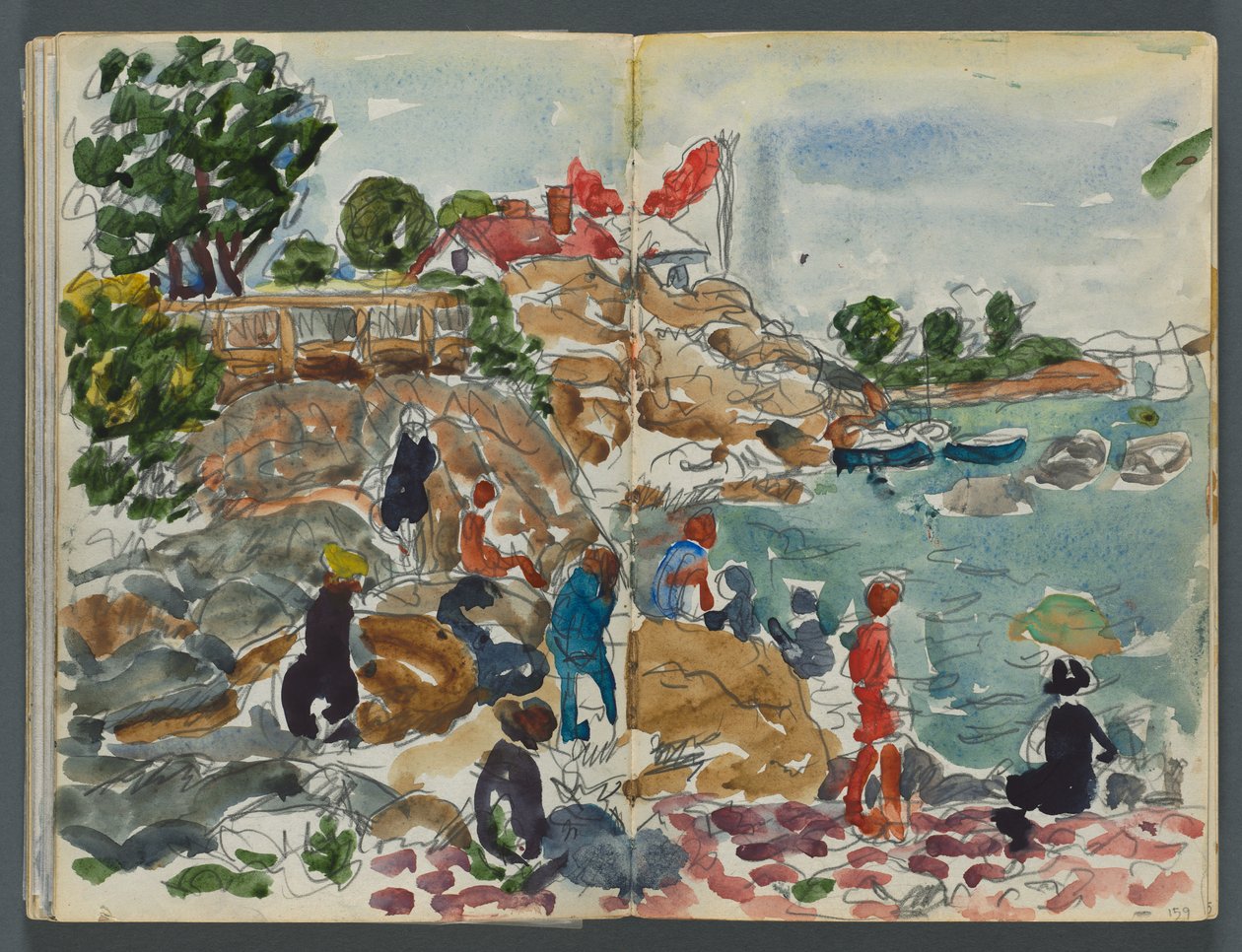 Carnet de croquis, The Dells, no 127, pages 158 et 159 : Paysage côtier avec figures - Maurice Prendergast
