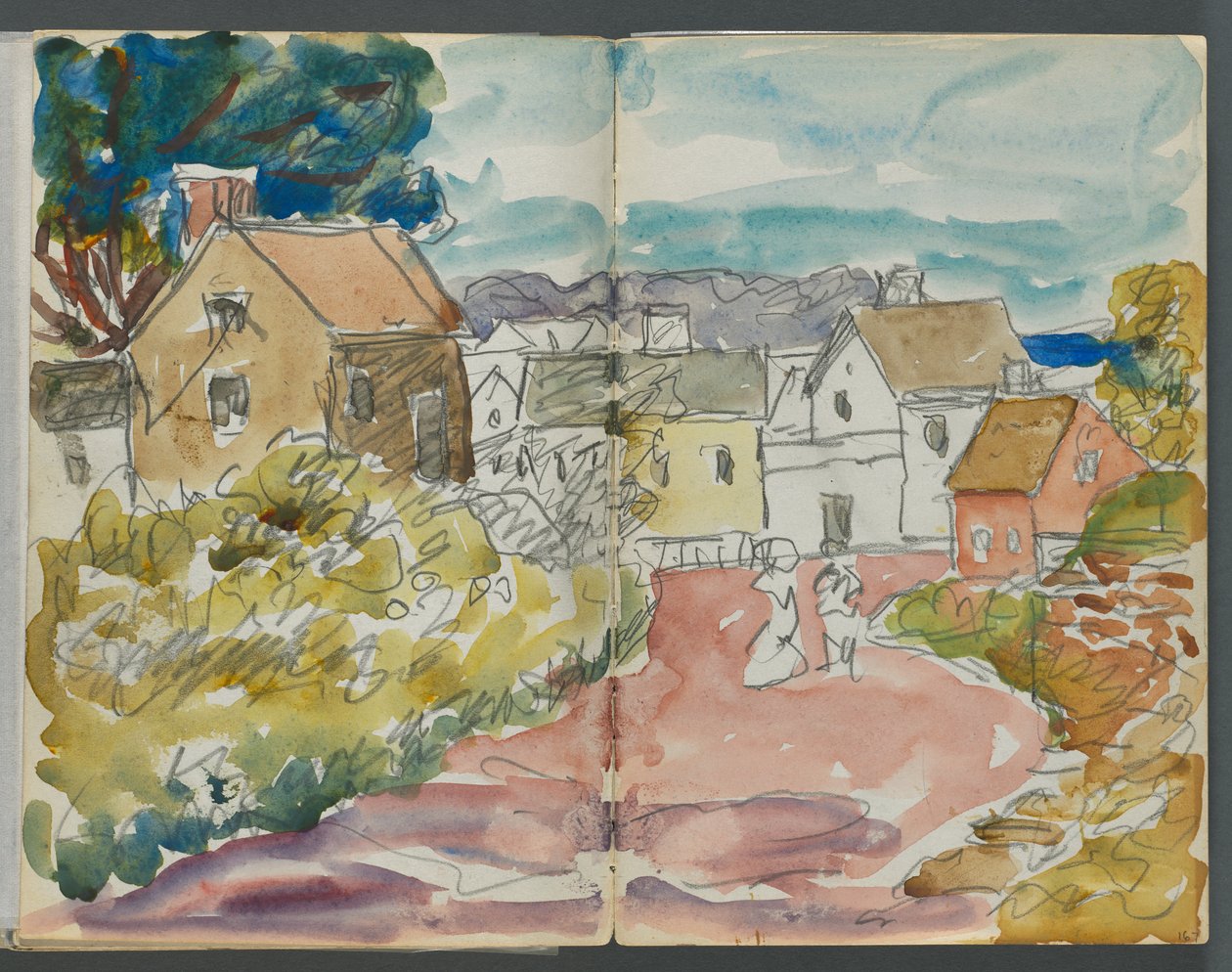 Carnet de croquis, The Dells, no 127, pages 166 et 167 : Village avec maisons et route - Maurice Prendergast