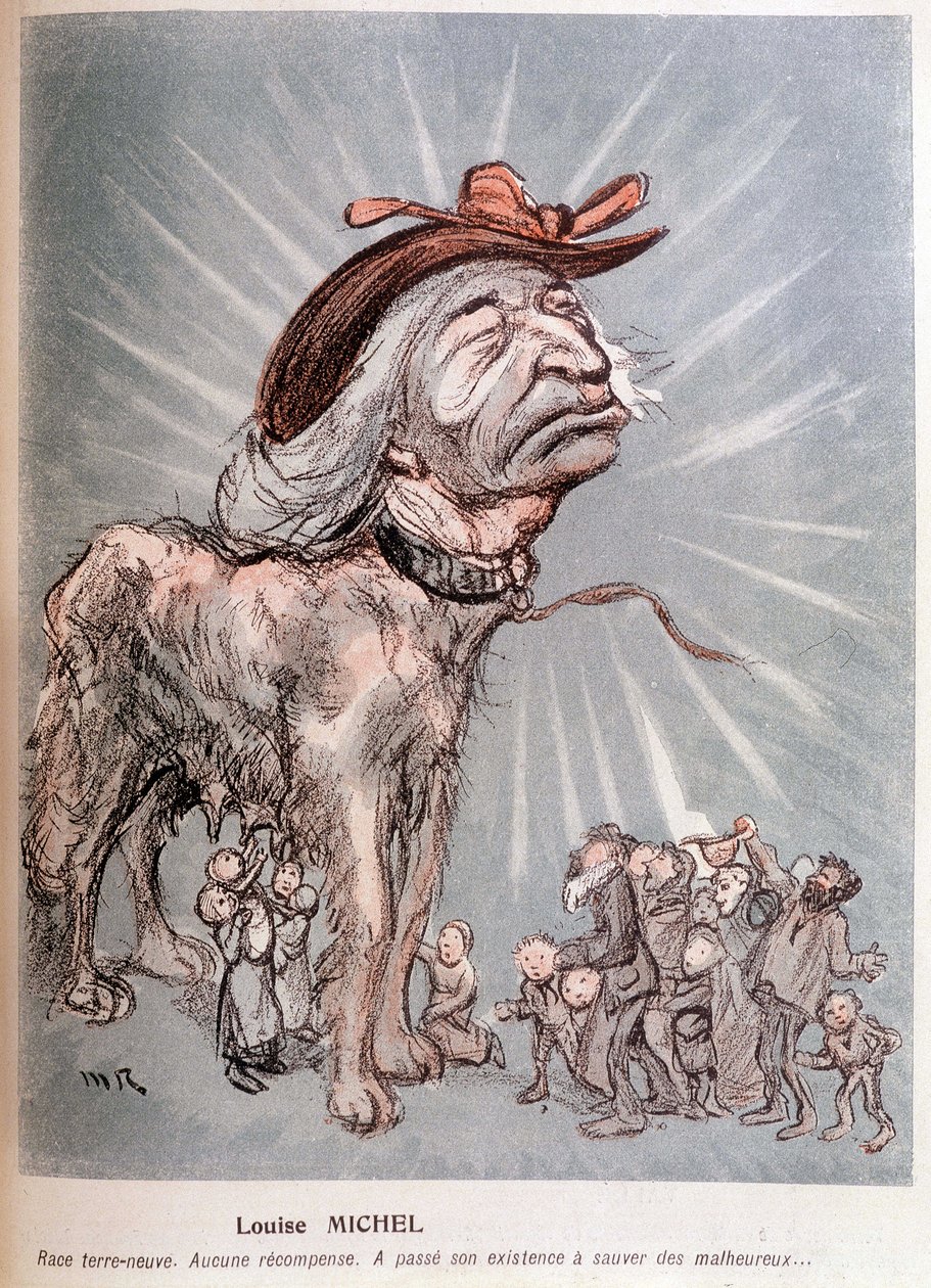 Caricature de Louise Michel en chien « race terre-neuve, sans récompense, a passé son existence à sauver les malheureux » - Maurice Radiguet