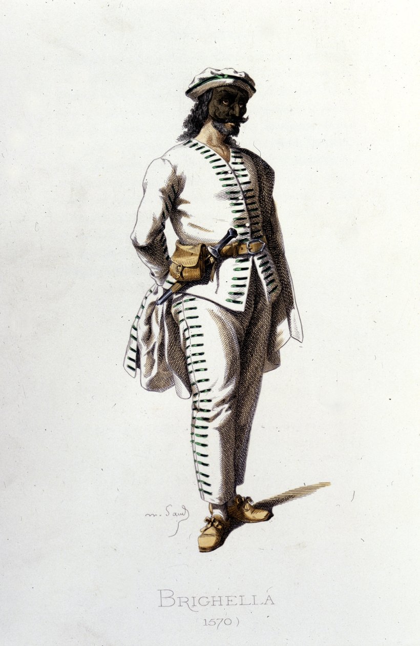Personnage de Brighella en 1570. Maurice Sand "Masques et Bouffons" Paris 19ème siècle. (Maurice Sand était le fils de George Sand). - Maurice Sand