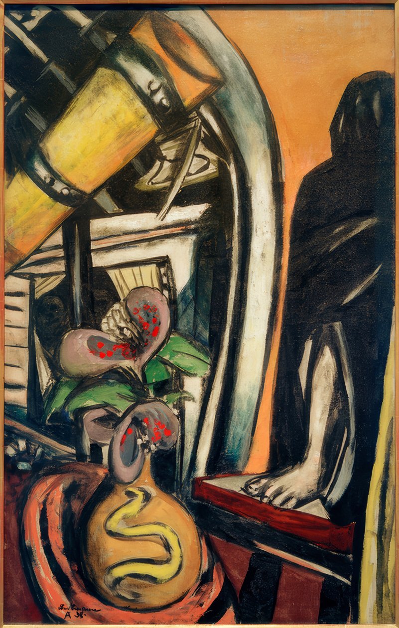 Atelier (nuit). Nature morte avec télescope et figure voilée - Max Beckmann