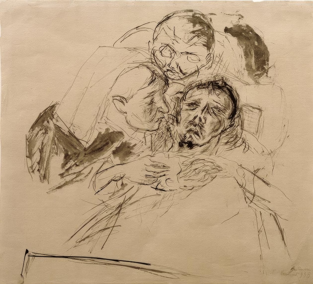 Infirmière et figure masculine, penchées sur un malade - Max Beckmann